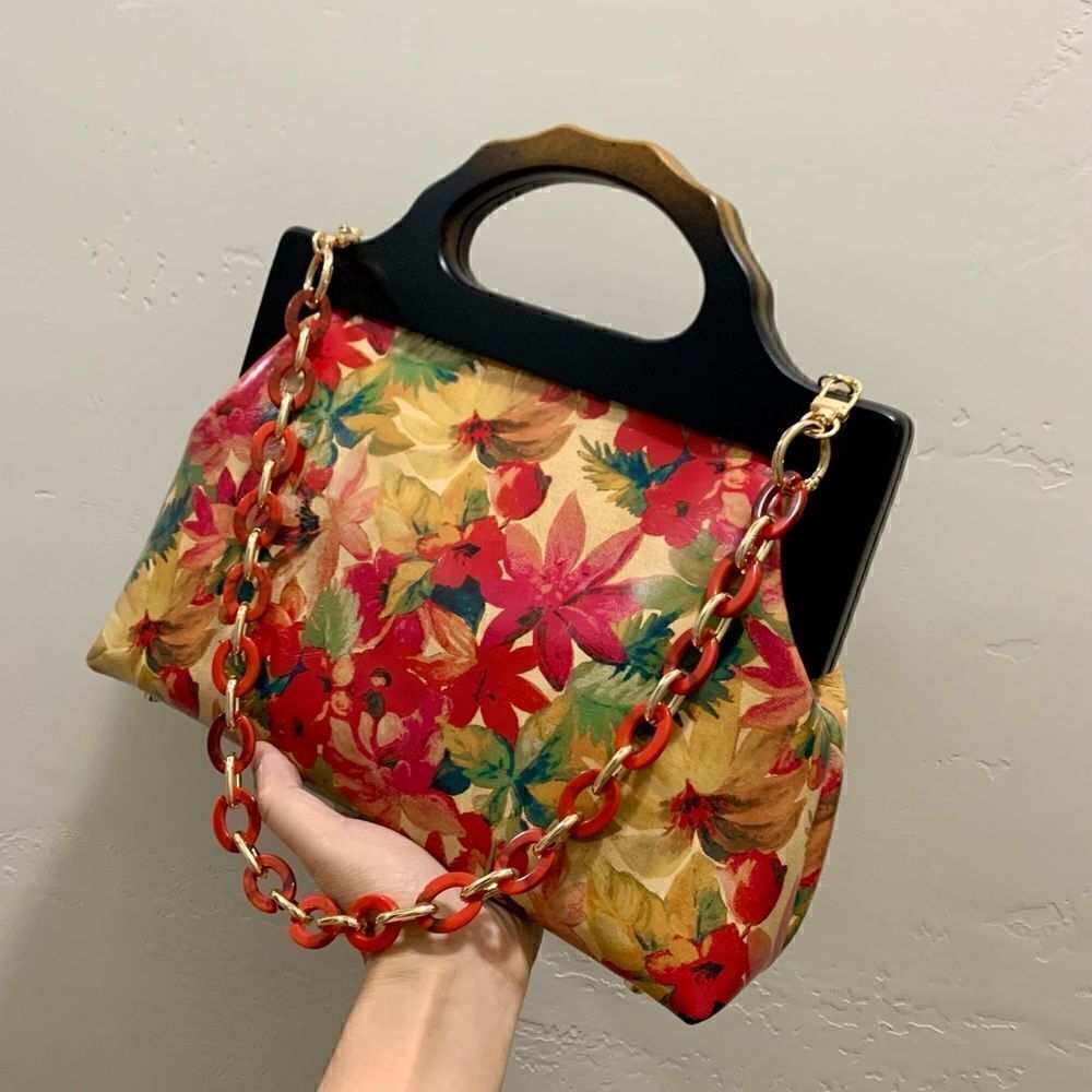 Handmade Genuine Leather Floral Print Large wooden Frame Bag & 2 Strap Styles - Picture 6 of 15